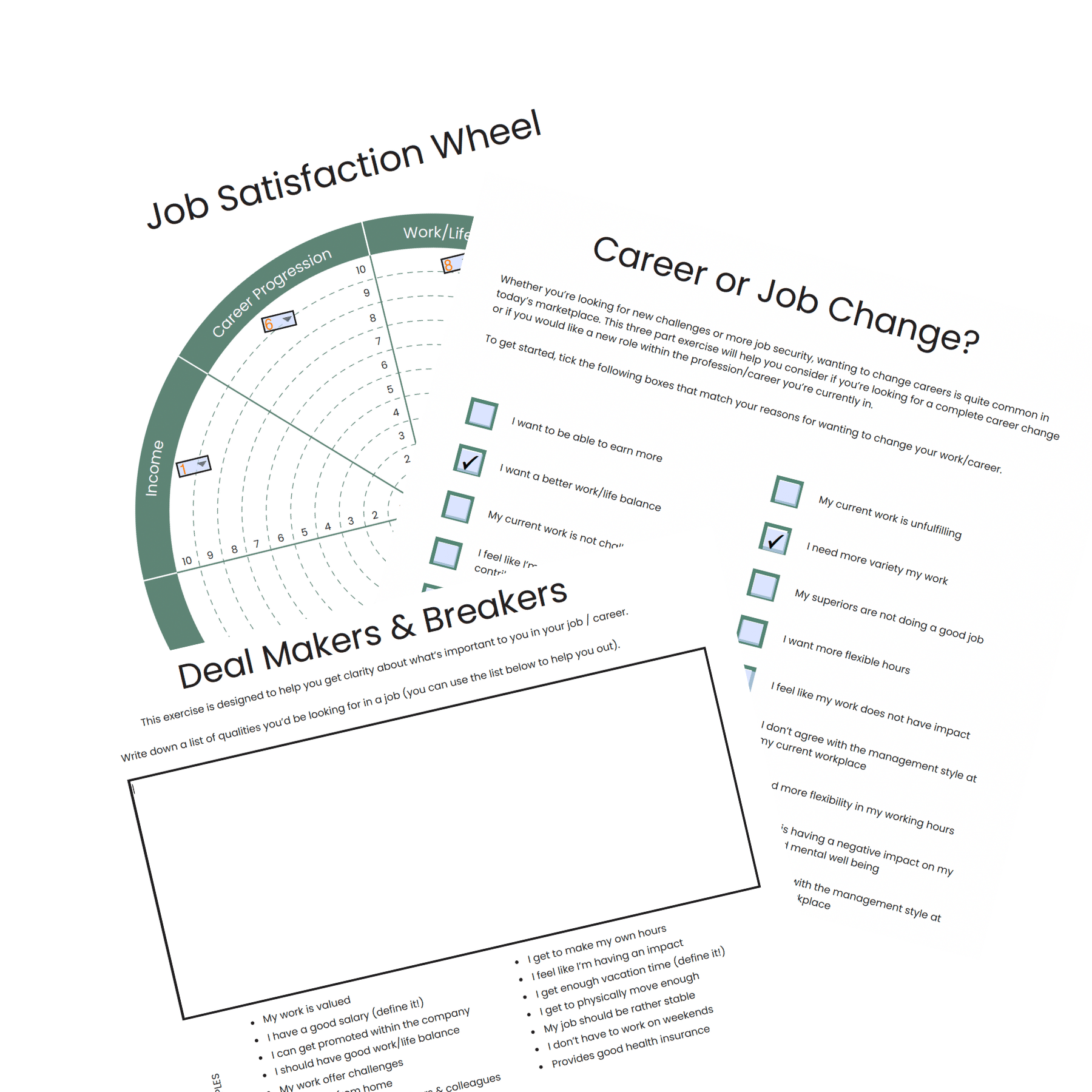 Career resource images overlaying each other. The top resource 'Deal Makers and Breakers', a 'Career or Job Change' resources and a 'Job satisfaction wheel'