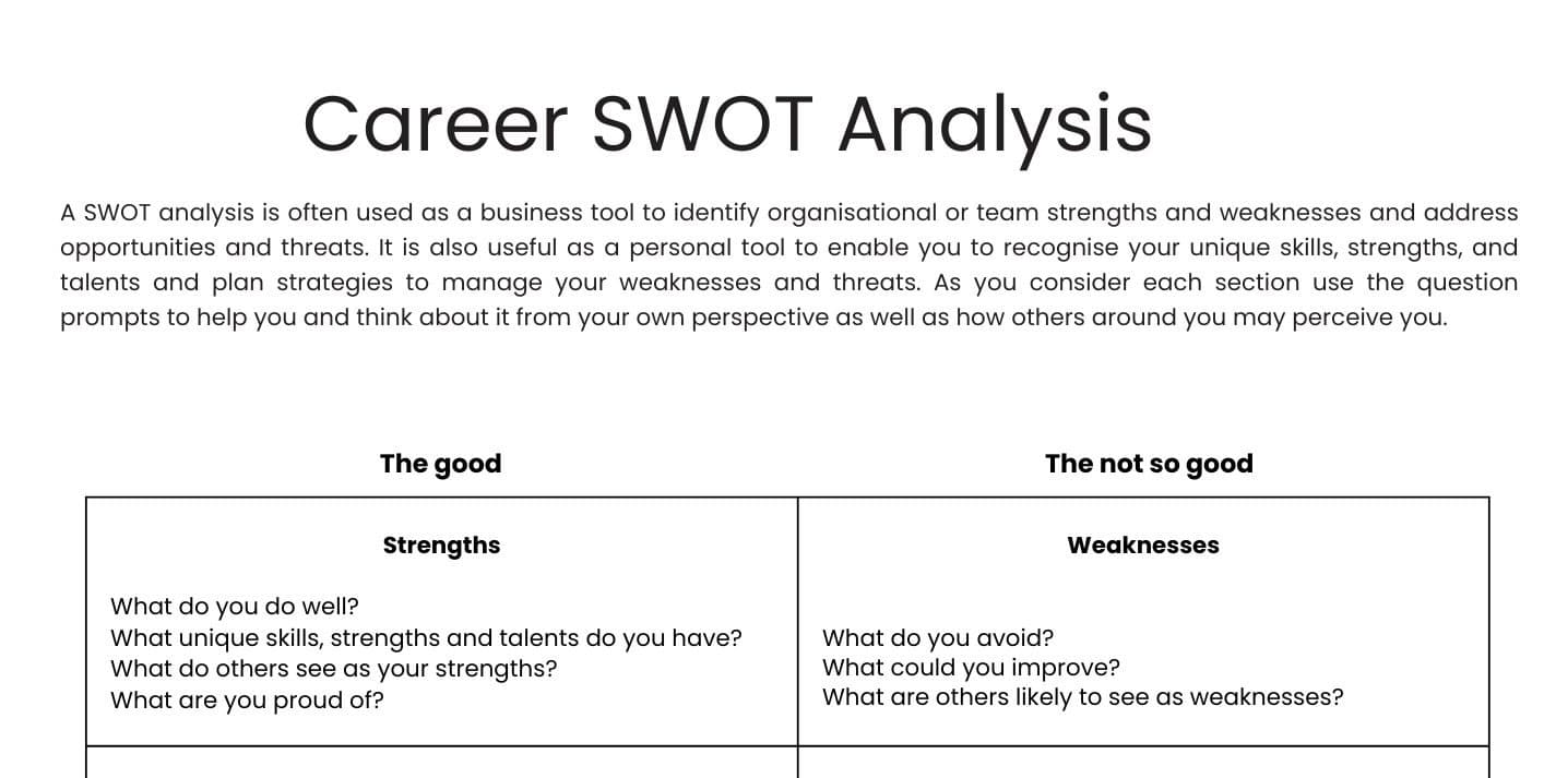 An extract of a SWOT analysis tool.